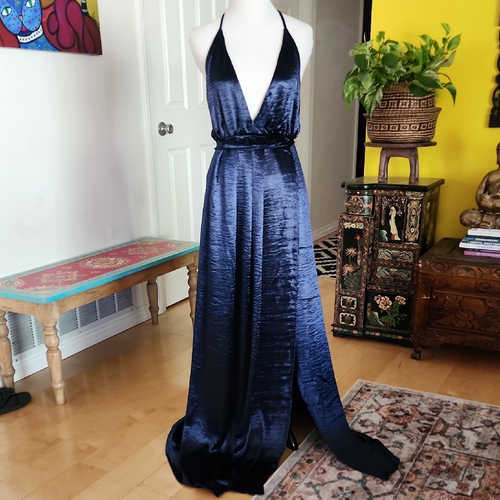 Elegant Navy Blue Halter Gown NWOT